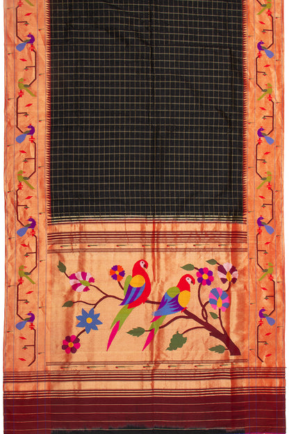 Paithani Silk Checks Black Saree With Akruthi Border
