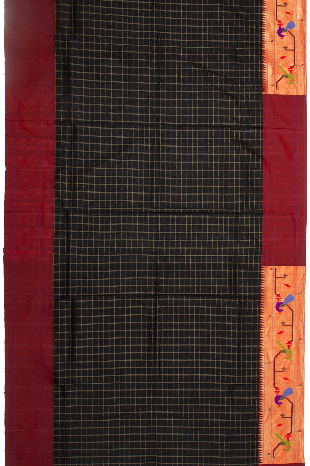 Paithani Silk Checks Black Saree With Akruthi Border