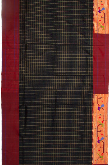 Paithani Silk Checks Black Saree With Akruthi Border