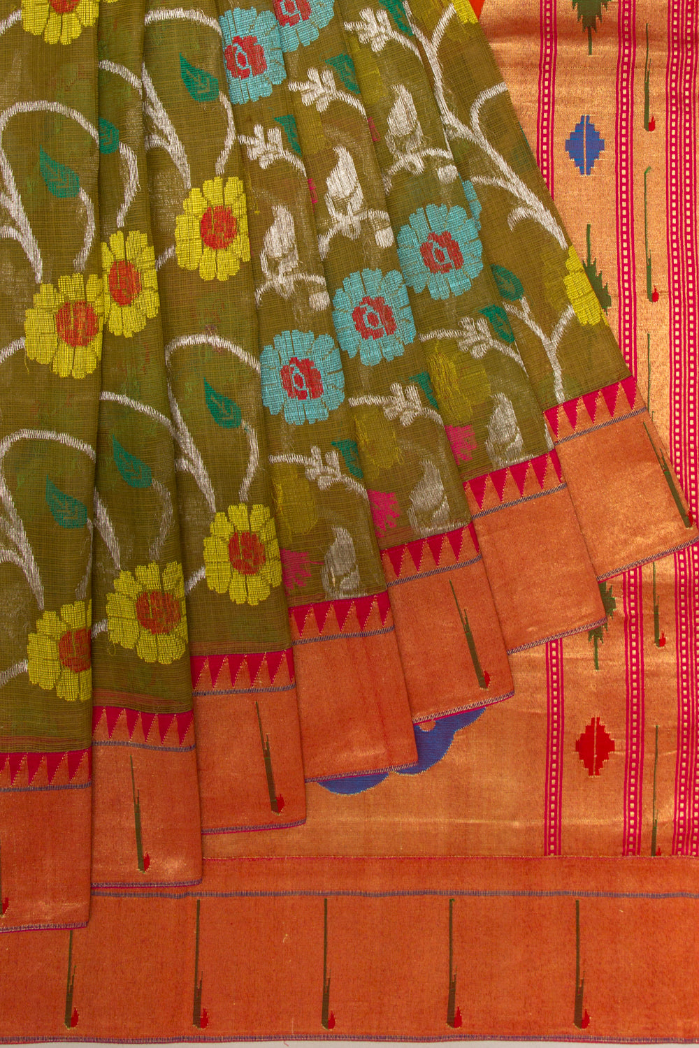 Kota Silk Jamdani Jaal Mehandi Green Saree With Attached Paithani Border