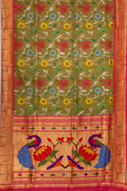 Kota Silk Jamdani Jaal Mehandi Green Saree With Attached Paithani Border