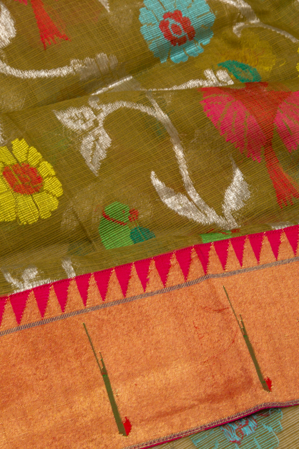 Kota Silk Jamdani Jaal Mehandi Green Saree With Attached Paithani Border