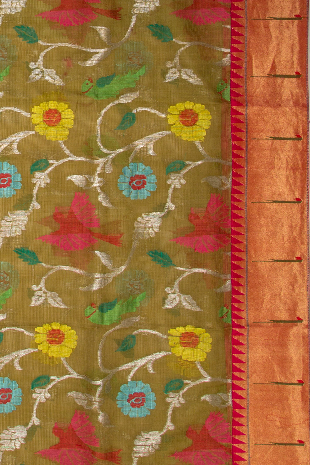 Kota Silk Jamdani Jaal Mehandi Green Saree With Attached Paithani Border