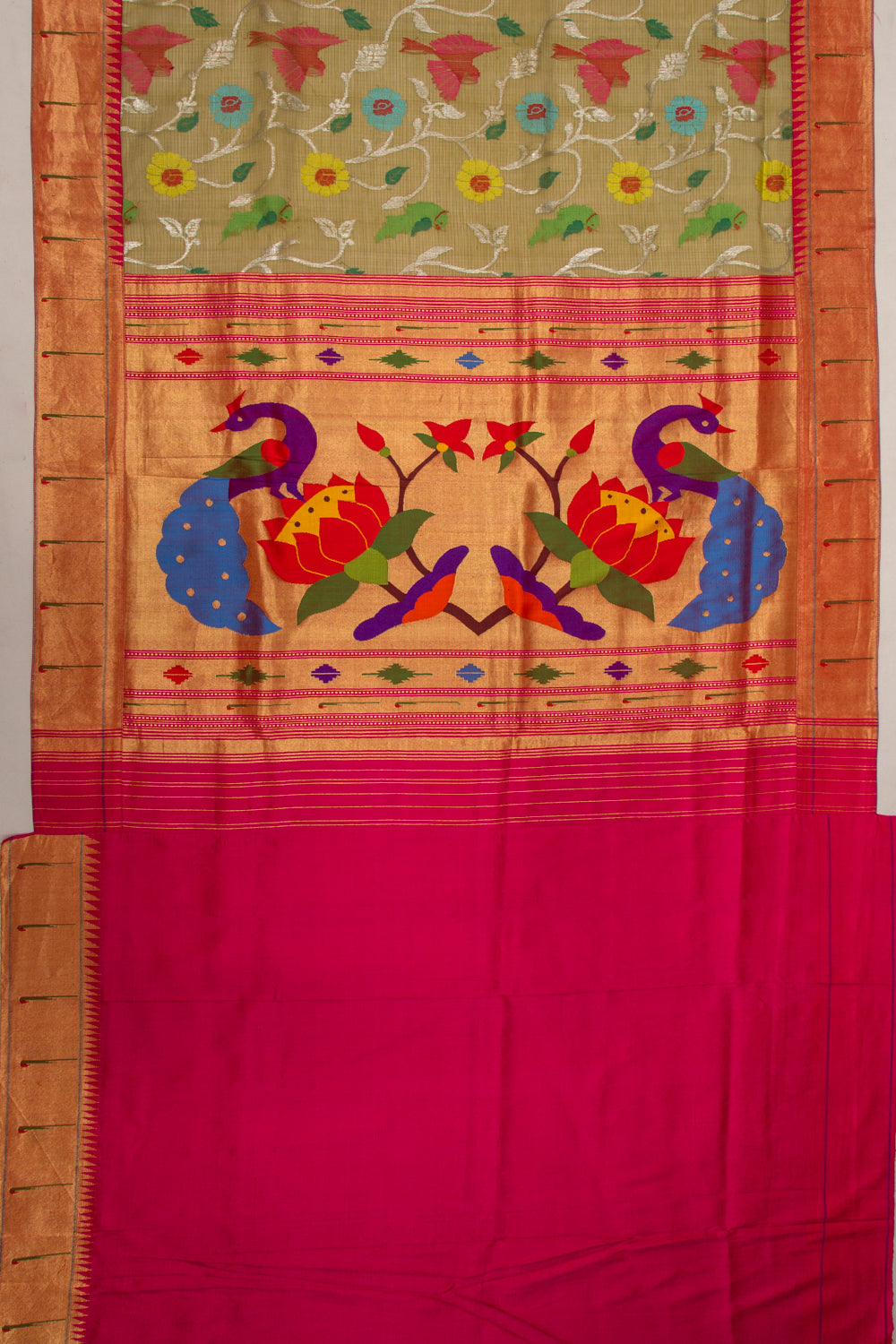 Kota Silk Jamdani Jaal Mehandi Green Saree With Attached Paithani Border
