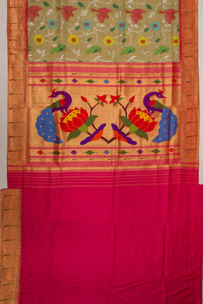 Kota Silk Jamdani Jaal Mehandi Green Saree With Attached Paithani Border