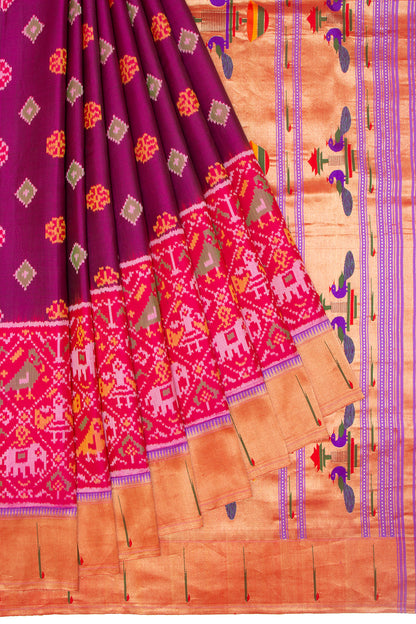 Paithani Silk Ikat Purple Saree With Attached Paithani Border