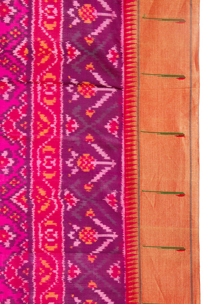 Paithani Silk Ikat Pink Saree With Attached Paithani Border