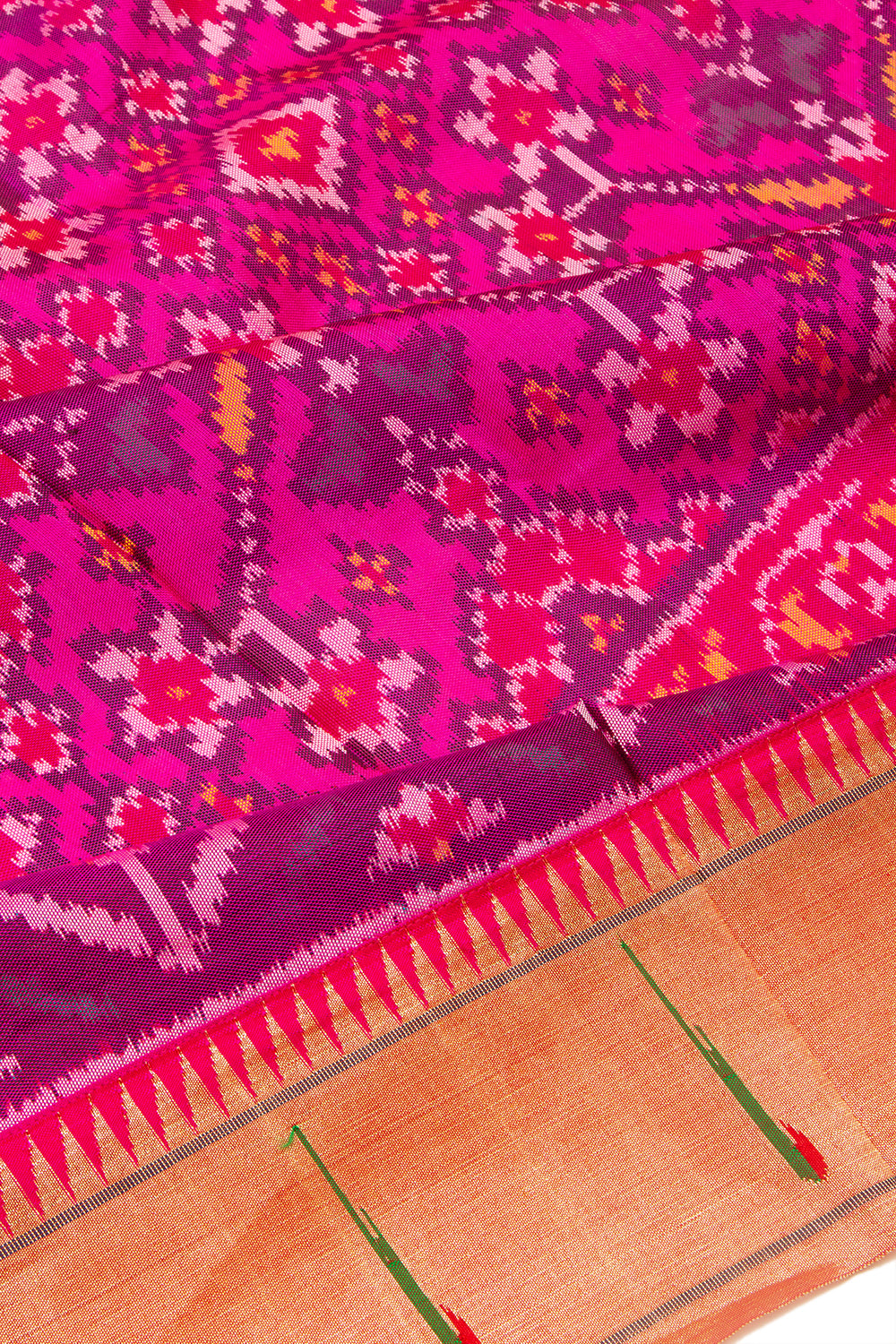 Paithani Silk Ikat Pink Saree With Attached Paithani Border