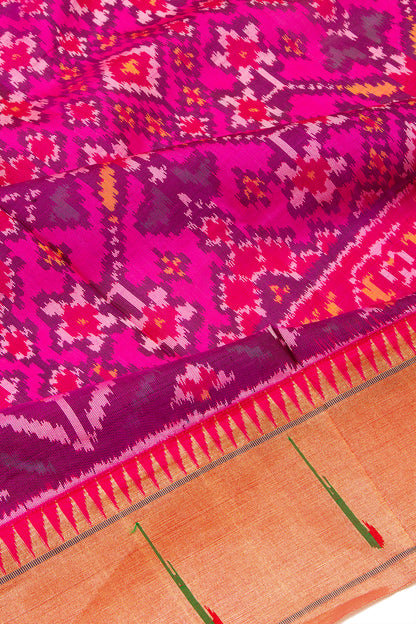 Paithani Silk Ikat Pink Saree With Attached Paithani Border