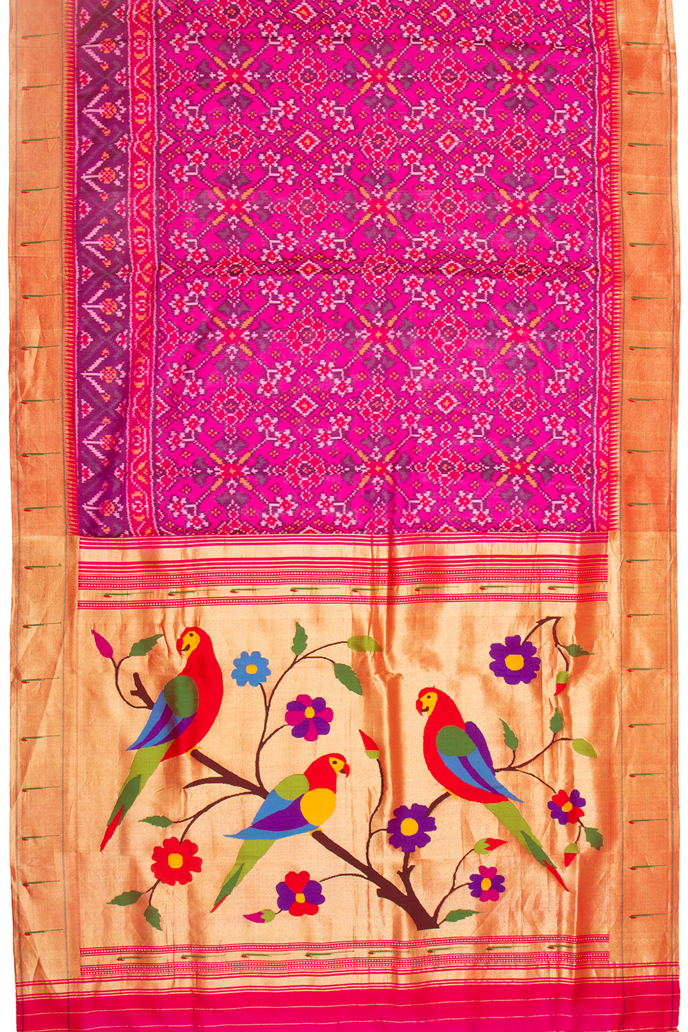 Paithani Silk Ikat Pink Saree With Attached Paithani Border