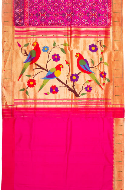 Paithani Silk Ikat Pink Saree With Attached Paithani Border