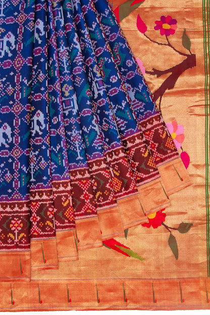 Paithani Silk Ikat Dark Blue Saree With Attached Paithani Border
