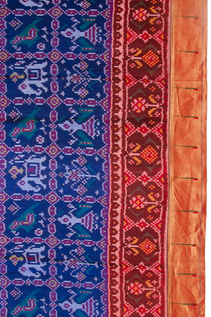 Paithani Silk Ikat Dark Blue Saree With Attached Paithani Border