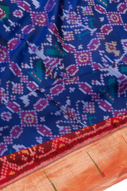 Paithani Silk Ikat Dark Blue Saree With Attached Paithani Border