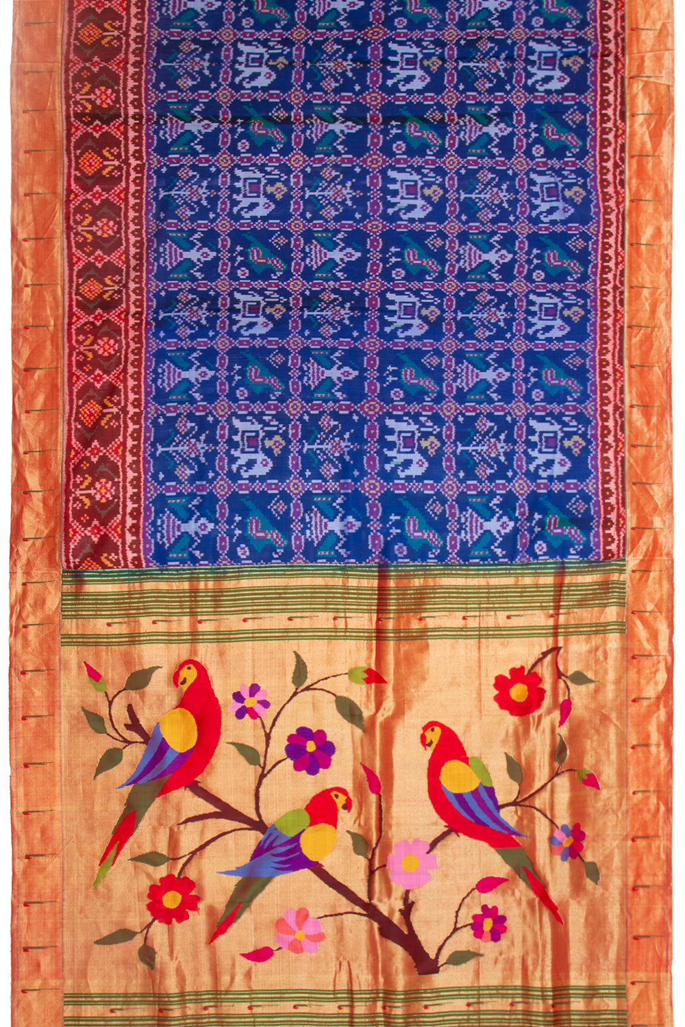 Paithani Silk Ikat Dark Blue Saree With Attached Paithani Border