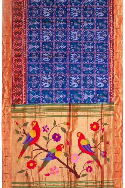 Paithani Silk Ikat Dark Blue Saree With Attached Paithani Border