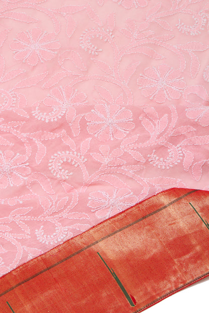 Lucknow Chikankari Georgette Peach Saree With Attached Paithani Border