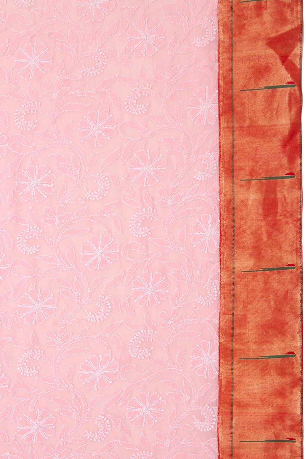 Lucknow Chikankari Georgette Peach Saree With Attached Paithani Border