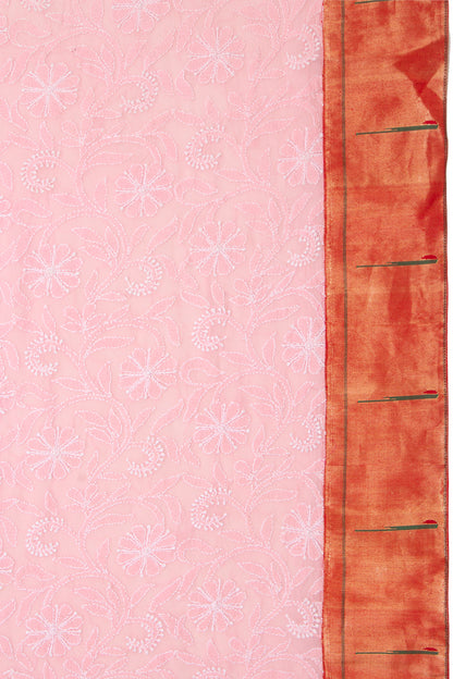 Lucknow Chikankari Georgette Peach Saree With Attached Paithani Border