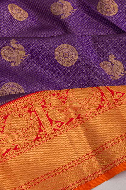Kanchipuram Silk Checks And Butta Indigo Violet Saree