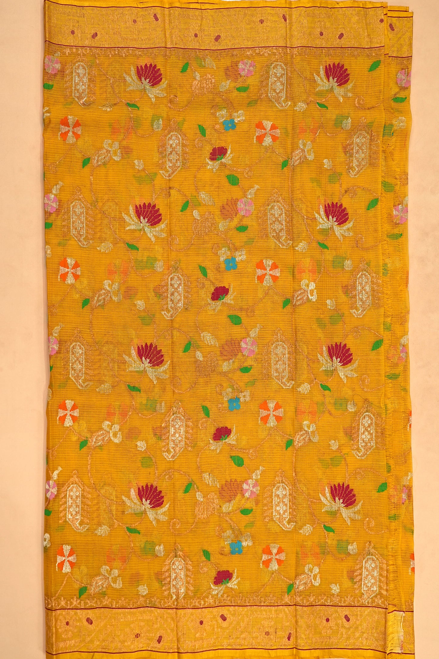 Kota Silk Jamdani Mustard Yellow saree With Paithani Inspired Akruti Border