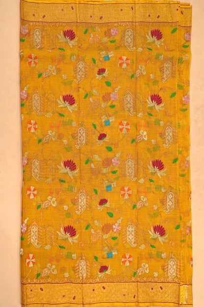Kota Silk Jamdani Mustard Yellow saree With Paithani Inspired Akruti Border