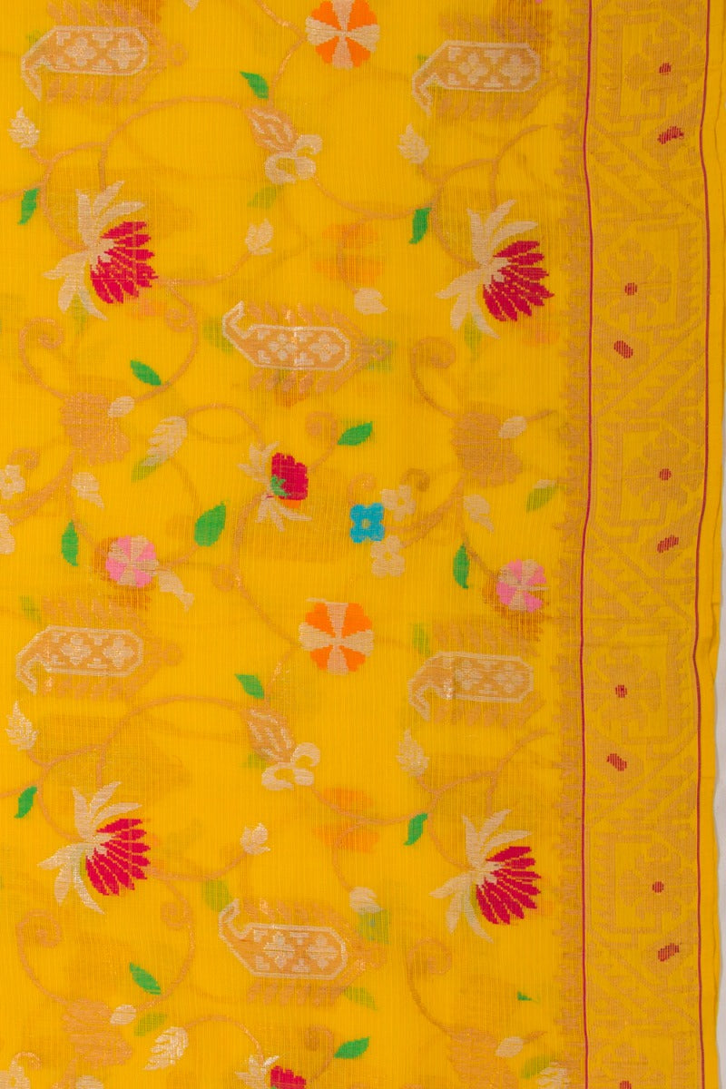 Kota Silk Jamdani Mustard Yellow saree With Paithani Inspired Akruti Border