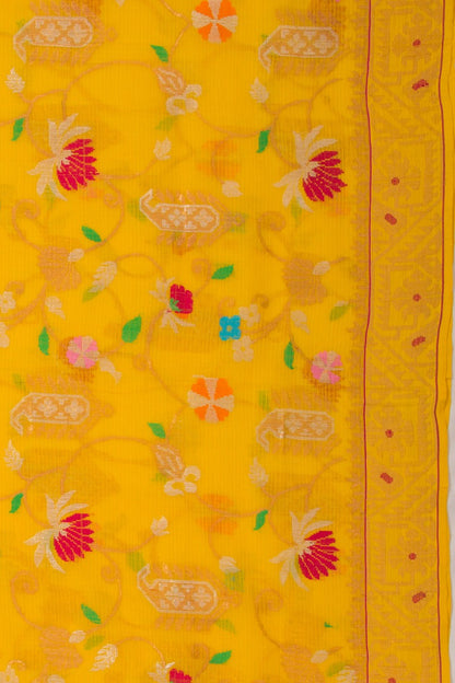 Kota Silk Jamdani Mustard Yellow saree With Paithani Inspired Akruti Border
