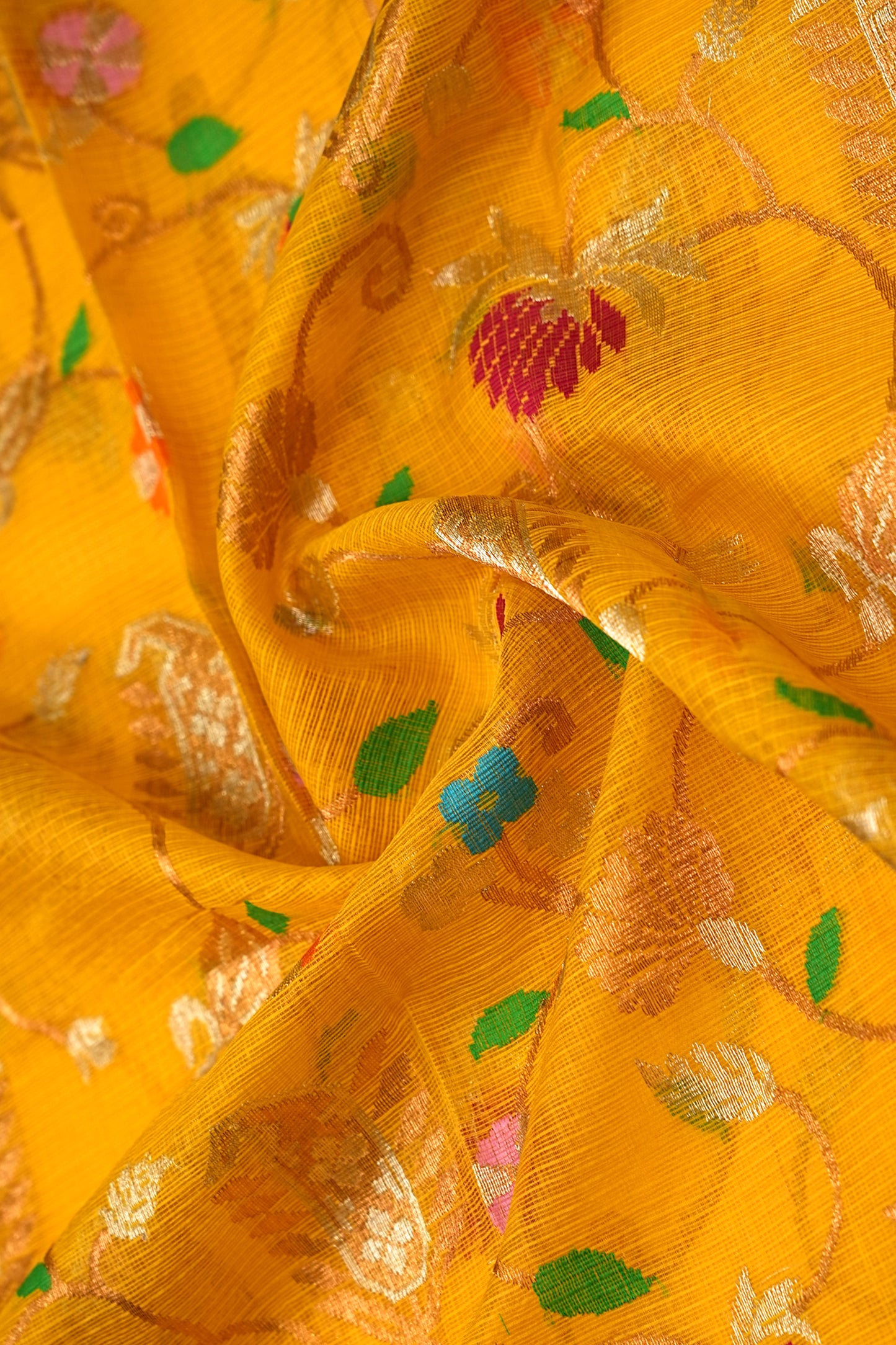 Kota Silk Jamdani Mustard Yellow saree With Paithani Inspired Akruti Border