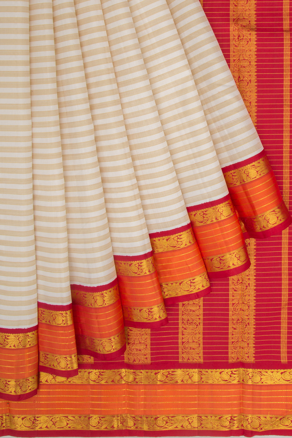 Kanchipuram Silk Horizontal Lines White And Cream Saree