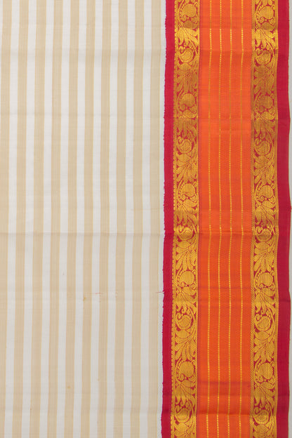 Kanchipuram Silk Horizontal Lines White And Cream Saree
