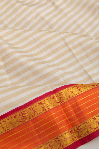 Kanchipuram Silk Horizontal Lines White And Cream Saree