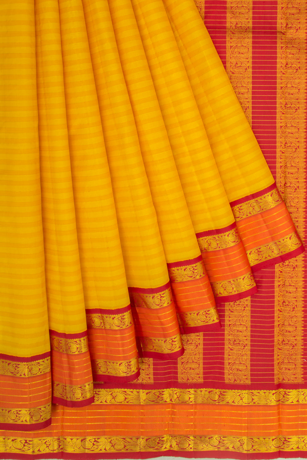 Kanchipuram Silk Horizontal Lines Yellow Saree