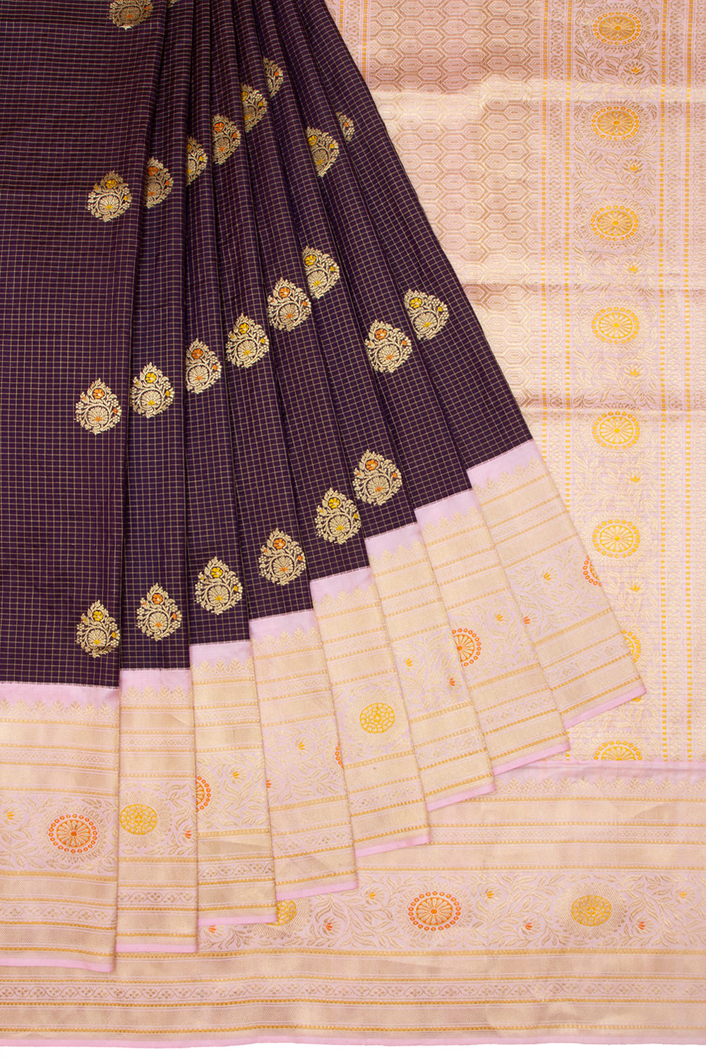 Kanchipuram Silk Checks And Butta Burgundy Saree