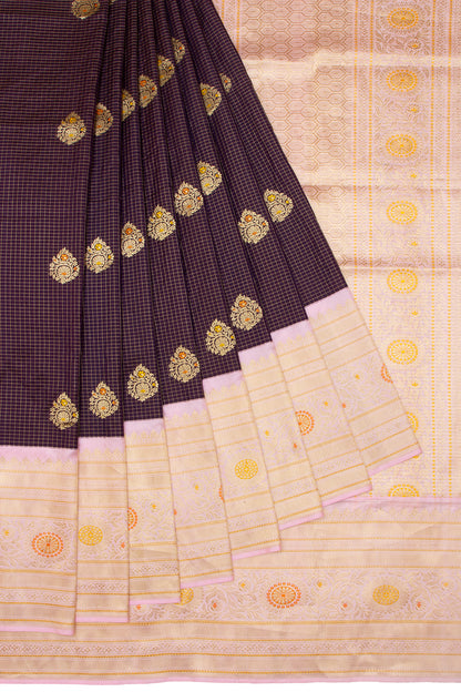 Kanchipuram Silk Checks And Butta Burgundy Saree