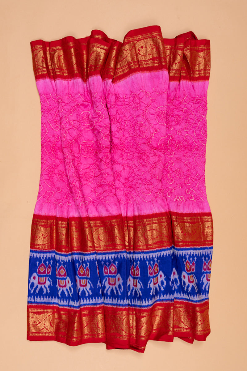 Kanchipuram Silk Bandhani Pink Saree