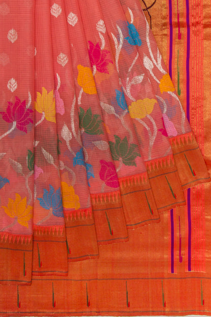 Kota Silk Jamdani Butta Peach Saree With Attached Paithani Border