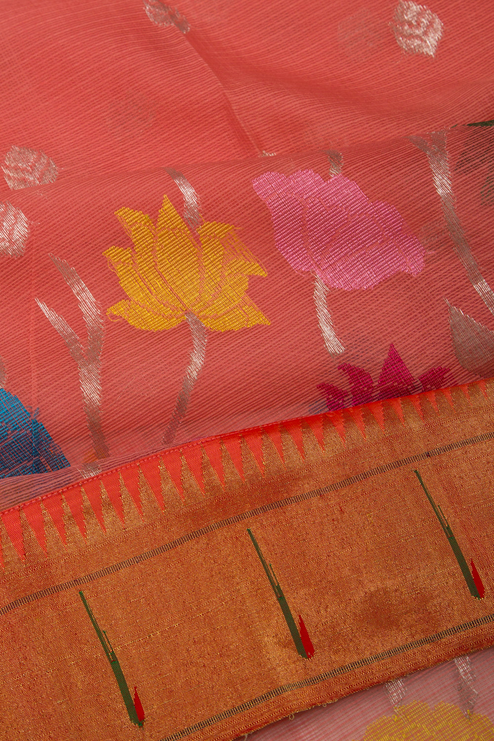 Kota Silk Jamdani Butta Peach Saree With Attached Paithani Border