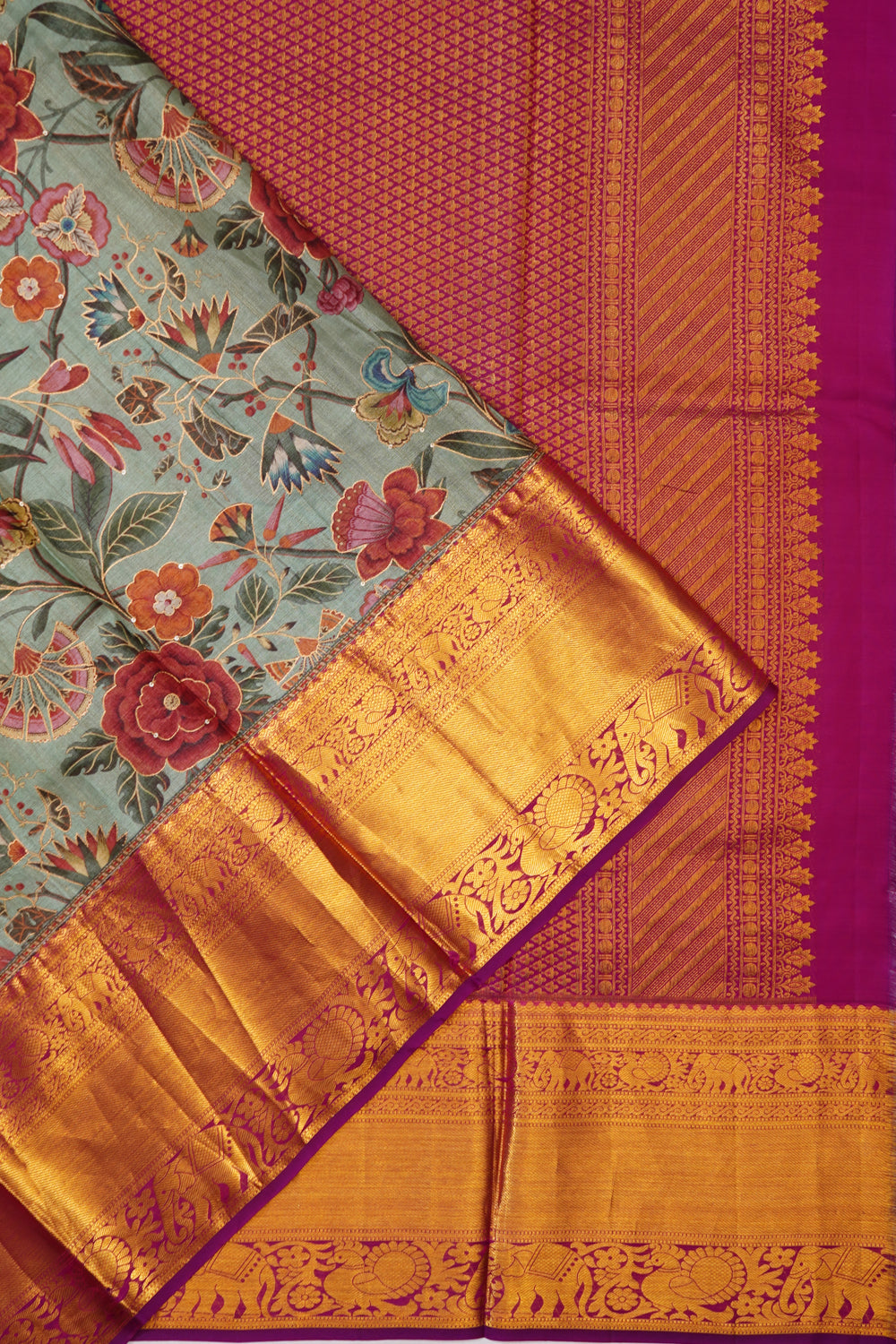 Kanchipuram Silk Digital Printed With Embroidery Pastel Blue Saree