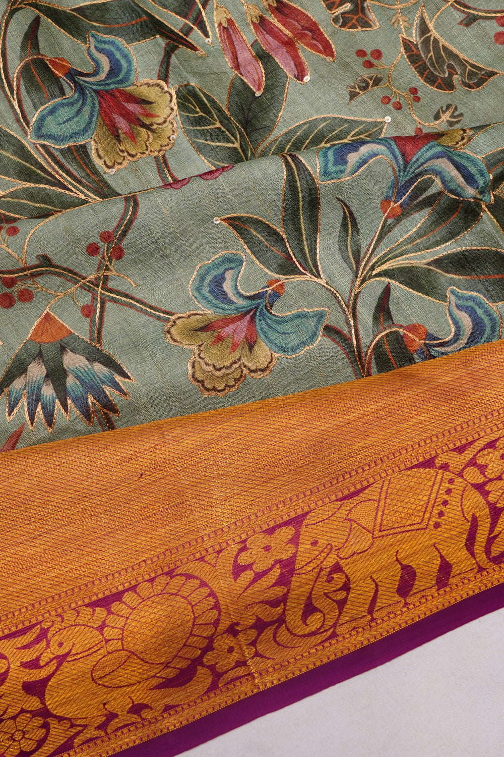 Kanchipuram Silk Digital Printed With Embroidery Pastel Blue Saree