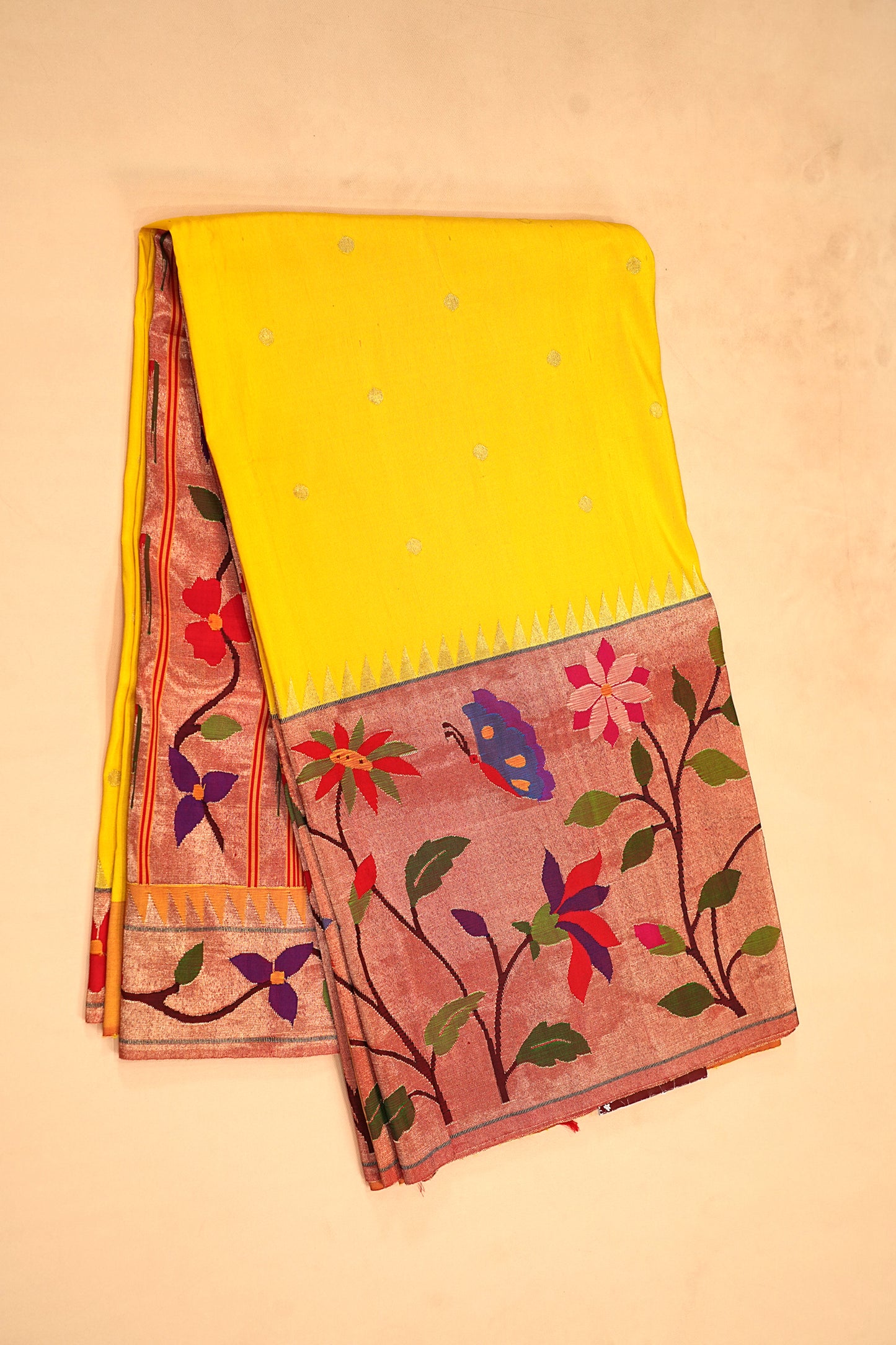 Paithani Silk Butta Lemon Yellow Saree