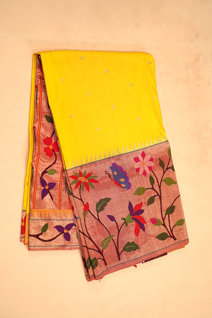 Paithani Silk Butta Lemon Yellow Saree