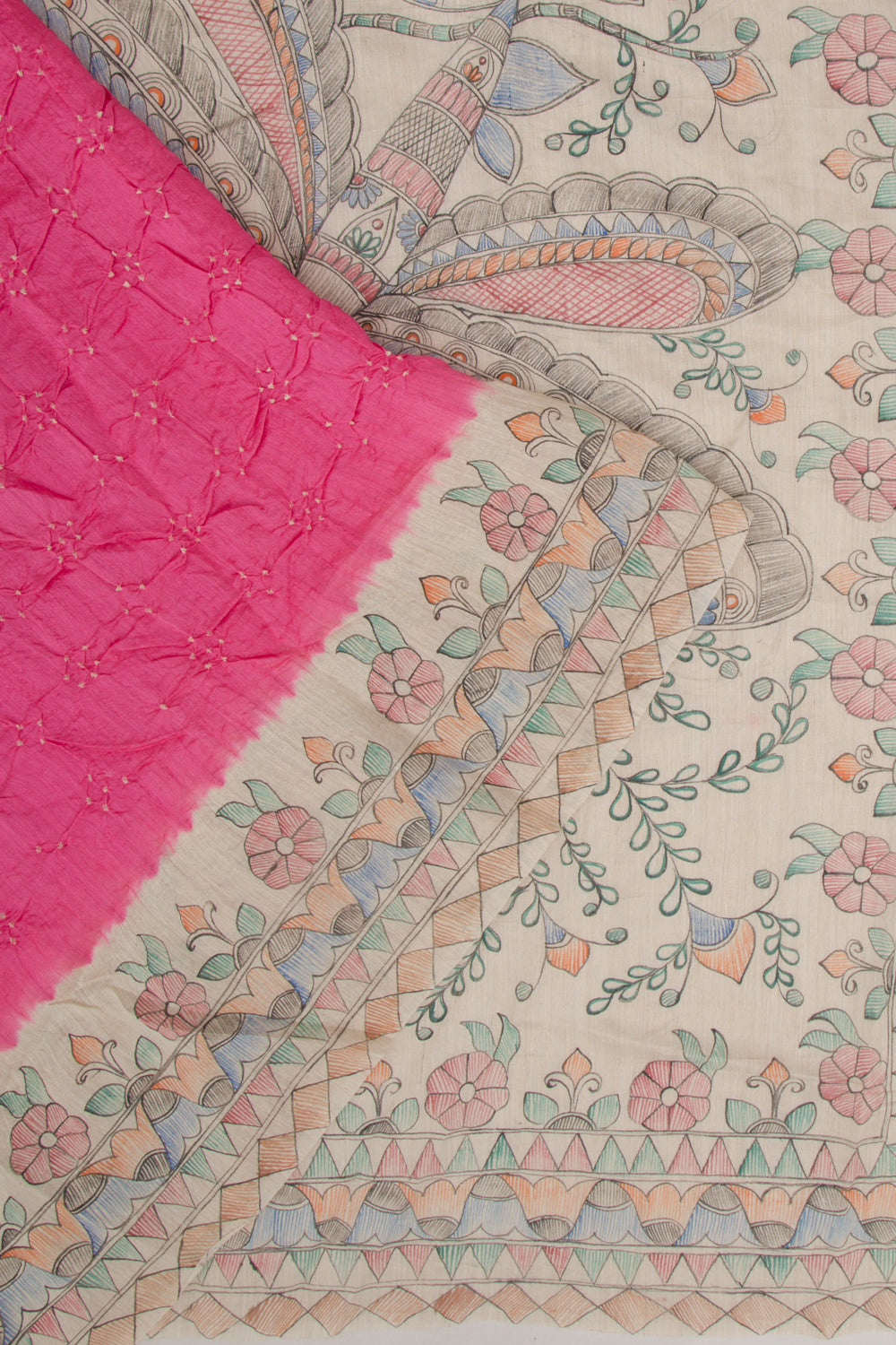 Chiniya Silk Bandhani And Kalamkari Pink Saree