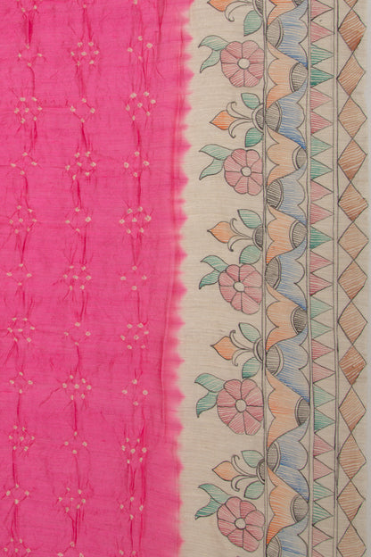 Chiniya Silk Bandhani And Kalamkari Pink Saree