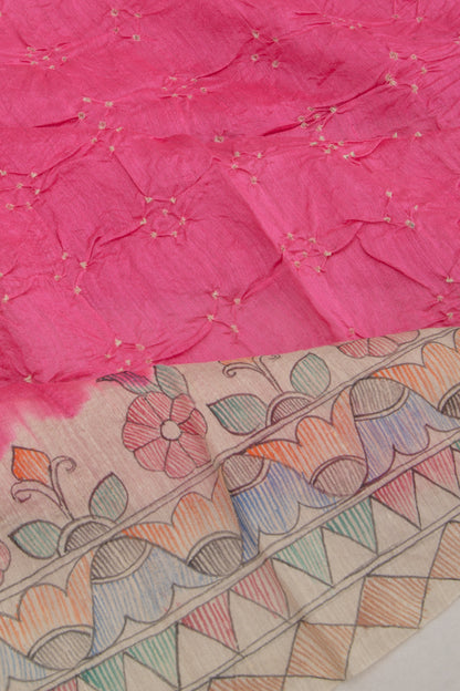 Chiniya Silk Bandhani And Kalamkari Pink Saree