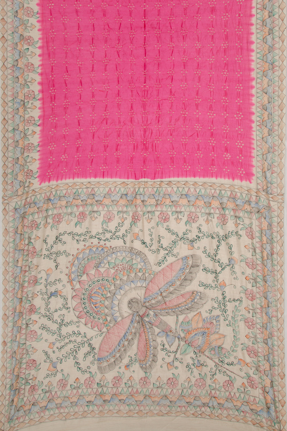 Chiniya Silk Bandhani And Kalamkari Pink Saree