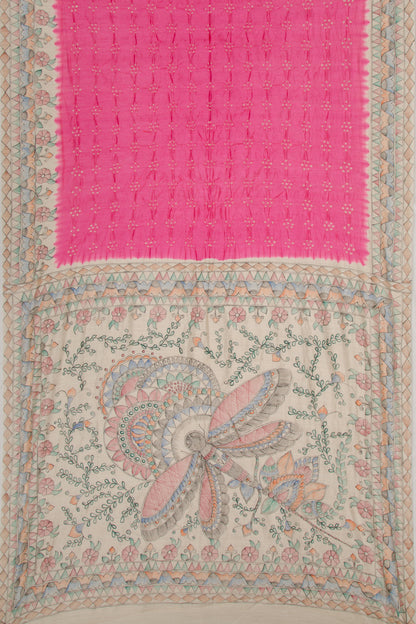 Chiniya Silk Bandhani And Kalamkari Pink Saree