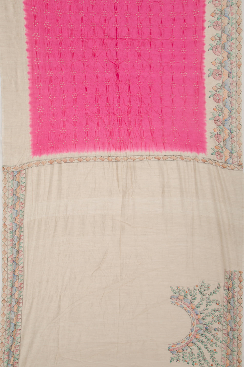 Chiniya Silk Bandhani And Kalamkari Pink Saree