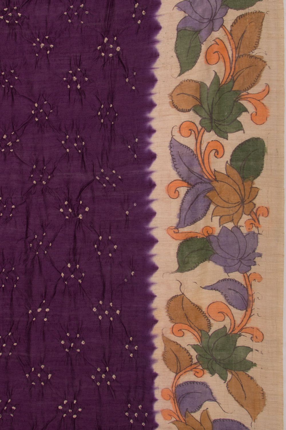 Chiniya Silk Bandhani And Kalamkari Purple Saree
