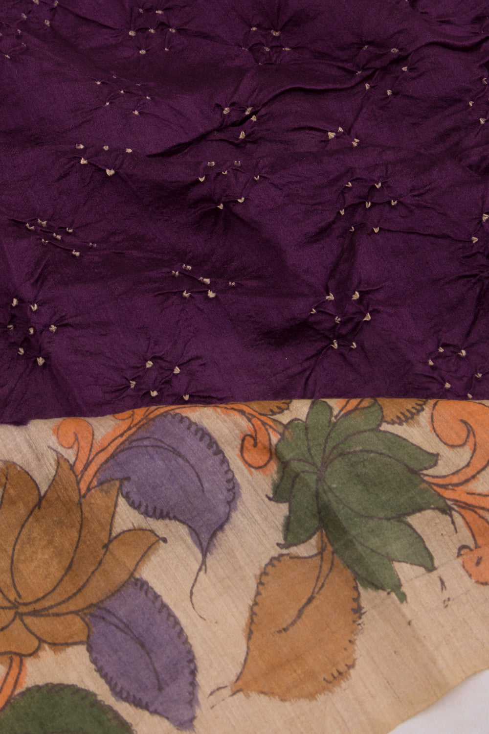Chiniya Silk Bandhani And Kalamkari Purple Saree